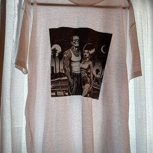 White Graphic Men’s T-Shirt with Black Retro Illustration